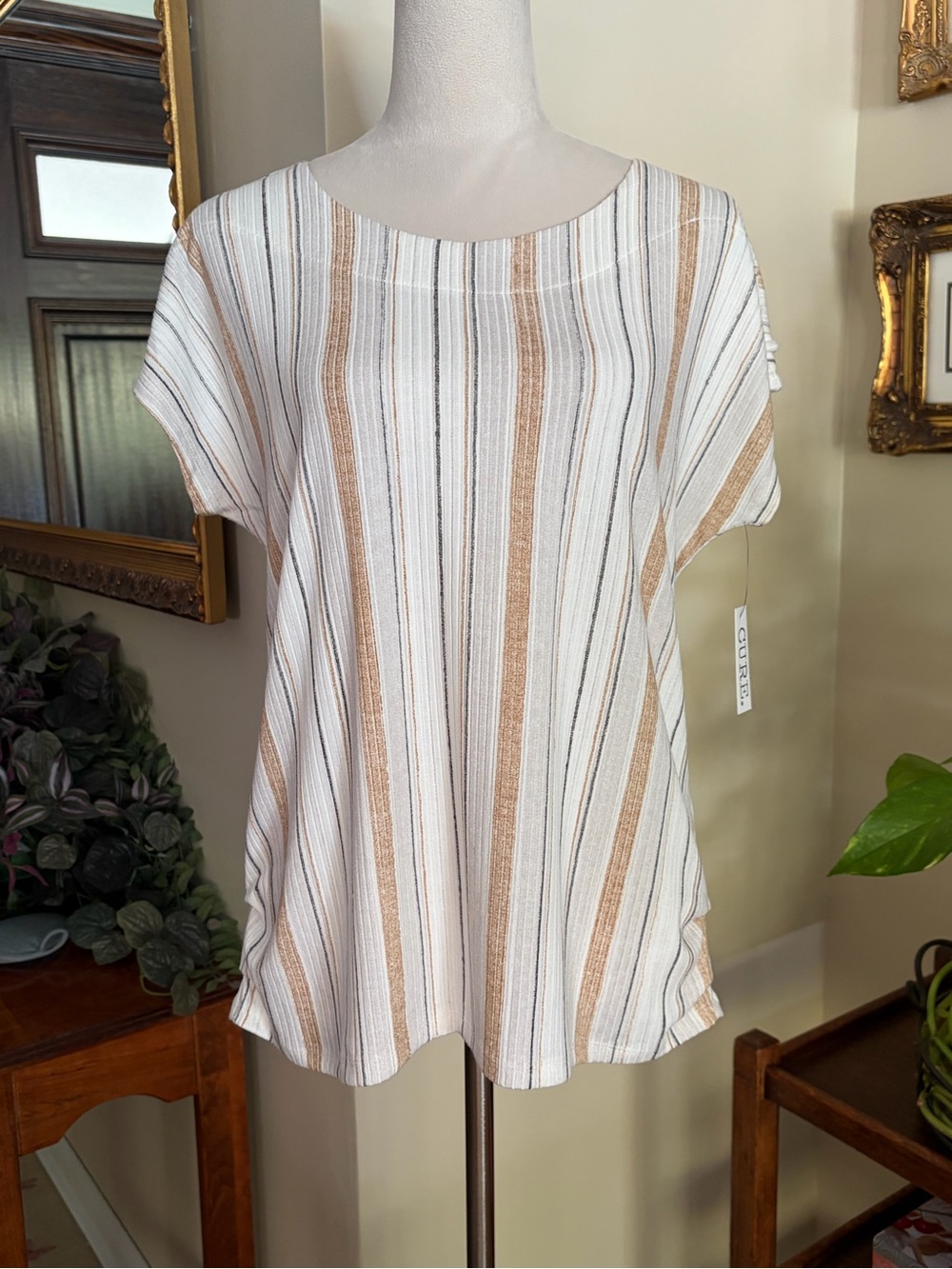 NWT CURE SzMd Striped Short-Sleeve Women’s Top in White&Tan split shoulder&rivet